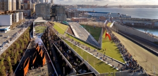 Olympic Park, Seattle | Este proyecto ubicado en el centro de la ciudad de Seattle, consiste en un museo a cielo abierto que aprovechará su trazado para dar continuidad entre ciudad y costa, las que se encontraban separadas por dos líneas de infraestructura de transportes entre ellas: una línea férrea de 3 carriles y una avenida. Esta iniciativa además sumara áreas verdes y espacios de recreación a la escasa cantidad de parques en el centro de la ciudad.